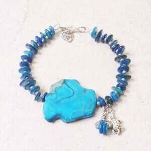 Turquoise & Blue! Sea Sediment Jasper + Genuine Shells + Sea Turtle Bracelet